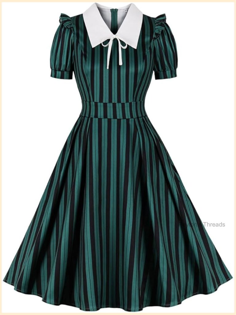 1950s Vertical Striped Mid Dress With Belt And Buttons